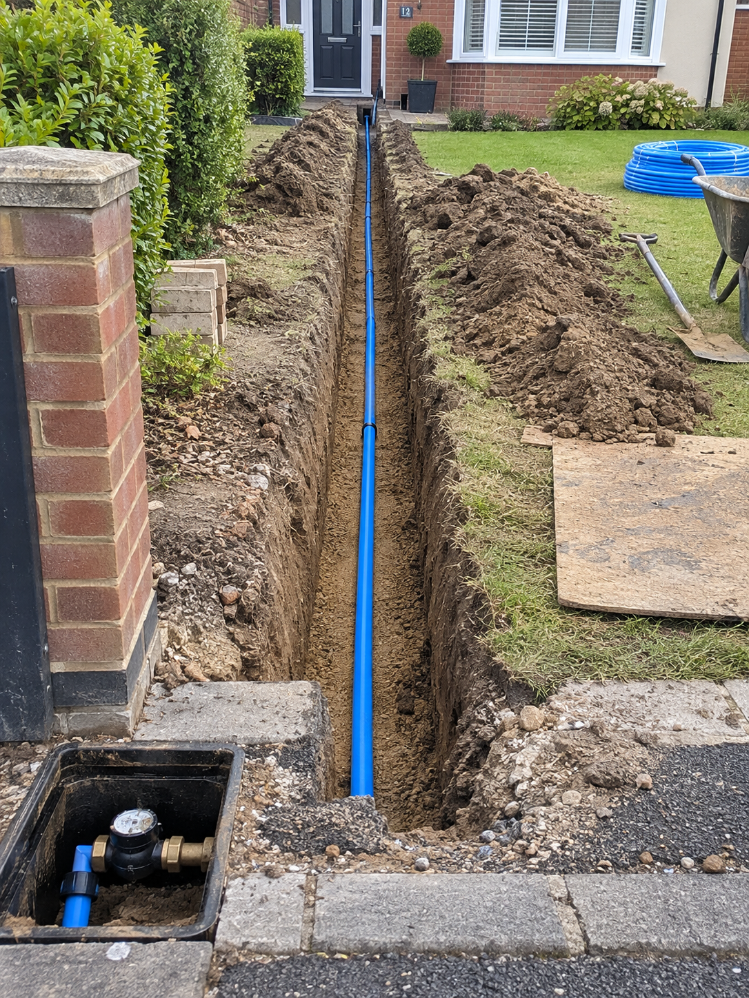Blue water main pipe installed in a prepared trench